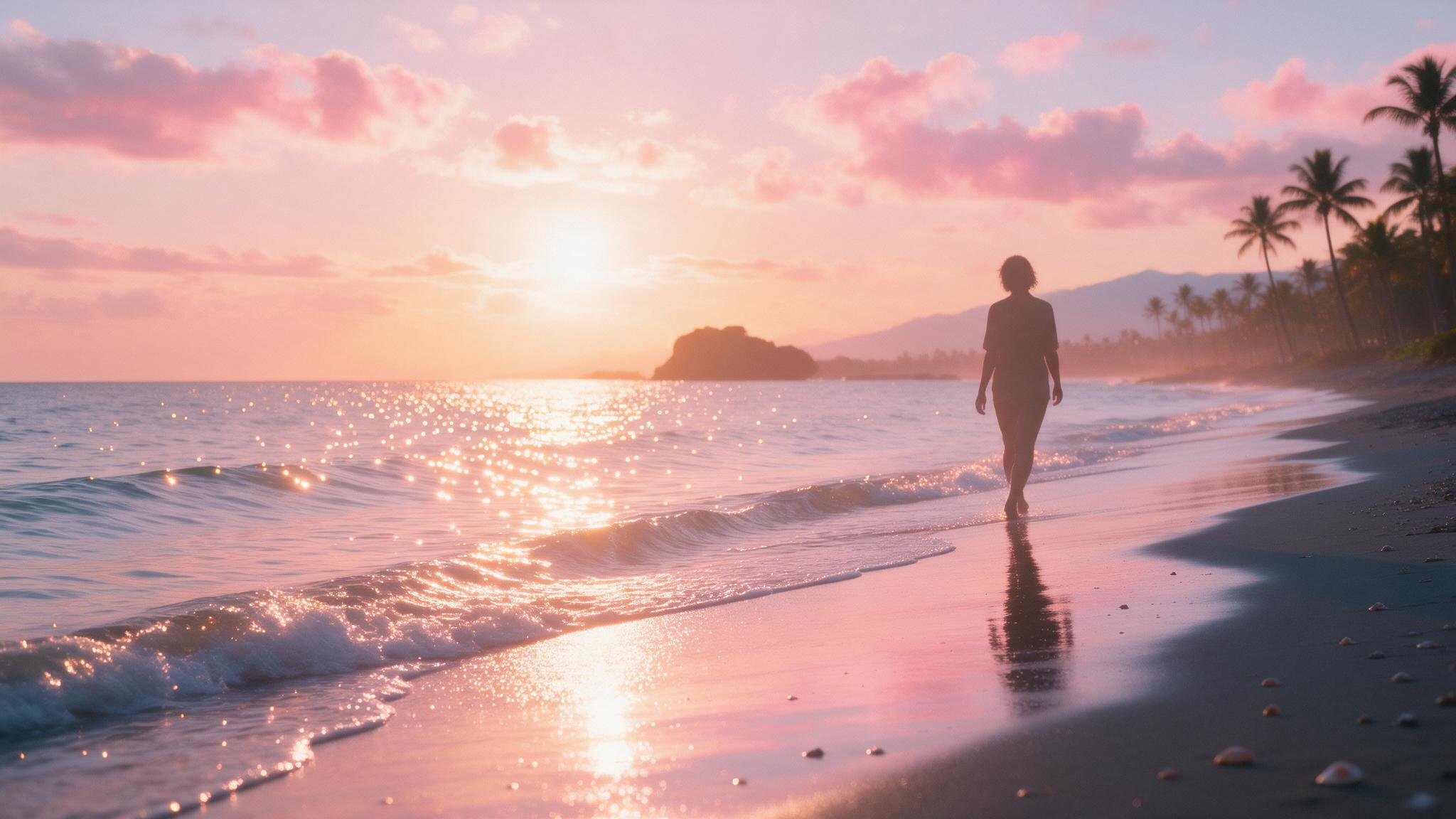 Persona caminando por una playa al atardecer